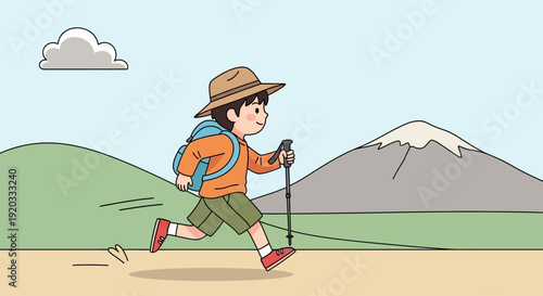 Cheerful young hiker with backpack and trekking pole running across a field toward a snowy mountain