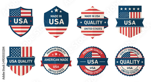 Collection of USA themed badge icons featuring flags and labels, symbolizing quality and origin, in various shield and circular designs, showcasing American made products.
