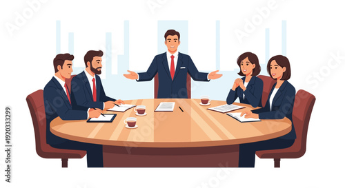 Dynamic Business Meeting with Diverse Team Collaborating Around Conference Table, Discussing Strategies and Ideas for Corporate Growth and Success