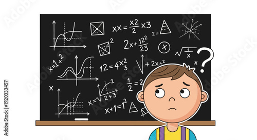 Young boy looking confused at a blackboard filled with complex mathematical equations and graphs, symbolizing study challenges