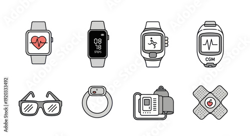 Smartwatch Health Icons: Heart Rate, CGM, Insulin Pump, Glasses, Activity