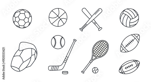 Sports Equipment Icons Set: Balls, Bats, Racquets, and More - Line Art