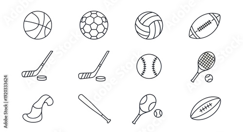 Sports Equipment Icons: Basketball, Soccer, Volleyball, Football, Hockey, Baseball, Tennis