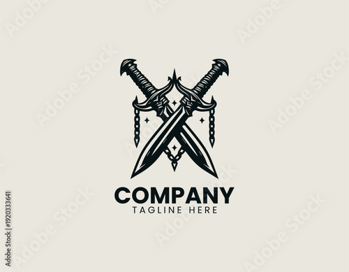 crossed fantasy daggers and chains black vector logo illustration