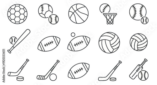 Sports Icons Collection: Balls, Bats, and Equipment on White Background