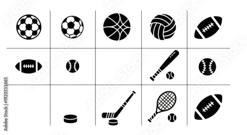 Photography Sports Icons Collection: Balls, Bats, and Equipment Silhouettes