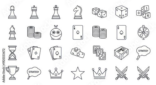 Strategy Game Icons: Chess, Cards, Dice, Roulette, Trophy, Star, Crown