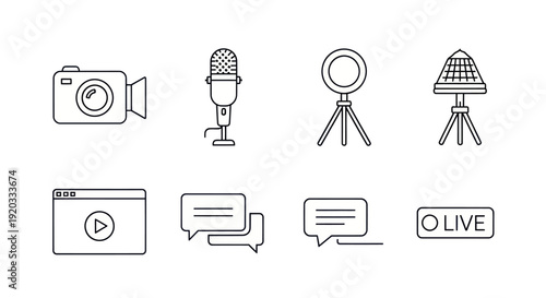 Streaming Equipment Icons: Camera, Mic, Ring Light, Chat Bubbles, Live Sign