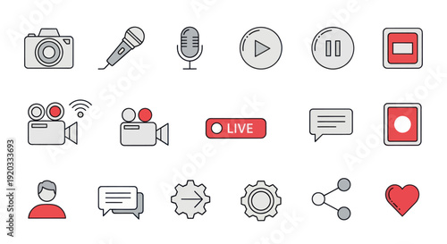 Streaming Media Icons: Camera, Microphone, Live Button, Play, Record, Chat, Gear