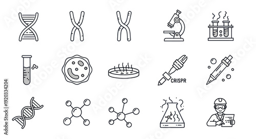 Science Icons: DNA, Microscope, Test Tubes, CRISPR, Molecules, Lab