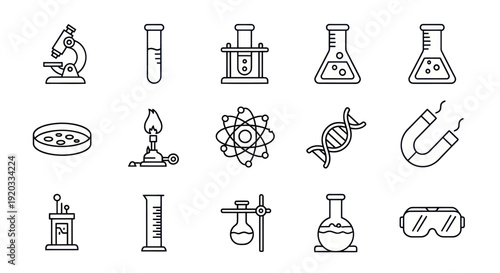 Science Icons Set: Biology, Chemistry, Physics Lab Equipment and Symbols