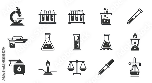 Science Laboratory Icons: Microscope, Test Tubes, Beaker, Flasks, Burner, Scales