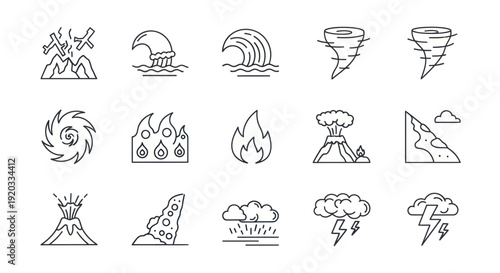 Set of Natural Disaster Icons: Volcano, Earthquake, Flood, Fire, Storm, Tornado