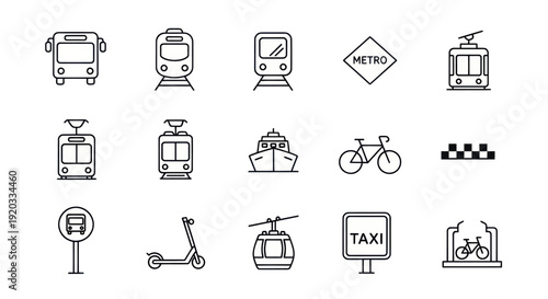 Set of Transportation Icons: Bus, Train, Metro, Tram, Ship, Bike, Taxi, Scooter, Cable Car
