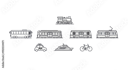 Set of Transportation Icons: Train, Bus, Tram, Taxi, Yacht, Bicycle