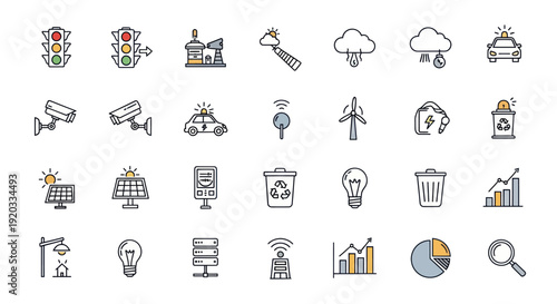 Smart City Icons: Technology, Environment, Security, and Energy Solutions