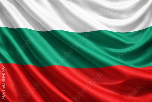 Free Download Closeup of waving Bulgarian flag in silky tricolor fabric with horizontal white, green and red stripes, flowing folds, rich texture and lustrous lighting conveying national pride - GFXLoad