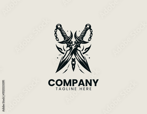 crossed fantasy daggers and chains black vector logo illustration