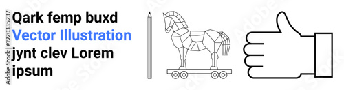 Cybersecurity, deception, approval, creativity, media, decision-making. A Trojan horse, thumbs-up symbol pencil and text. Cybersecurity and deception concept linked with approval and creativity