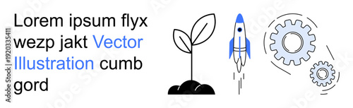 Business growth, innovation, startup strategy, sustainability, future technology, productivity. Young plant, rocket launch and interlocking gears. Growth and innovation