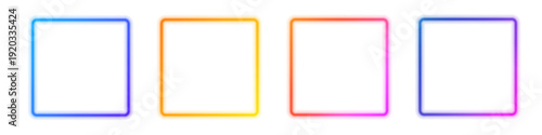 Neon square frames glow in rainbow gradients. Smooth abstract mesh and soft highlights create modern digital aesthetics. Ideal transparent PNG for creative design projects. PNG
