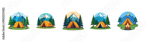 Set of Camping tent in pine forest with mountain backdrop
