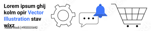 Gear, notification bell, chat bubble, and shopping cart. Ideal for technology, communication, e-commerce, notifications, user interface web development simple landing page