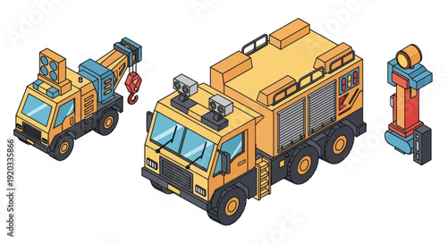 Isometric View of Fire Trucks and Equipment.