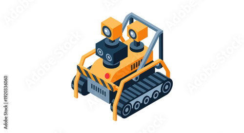 Yellow Cartoon Robot with Tracks and Claw.