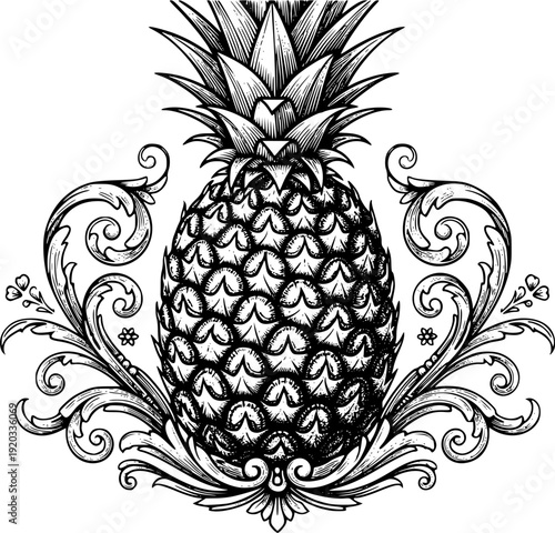 Engraved illustration of a vintage pineapple design showcasing intricate details and craftsmanship in monochrome style
