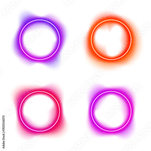 Abstract portal circle glows with layered neon liquid gradients. Reflective blot drops shimmer along the smooth surface. The illustration conveys futuristic energy and immersive motion.