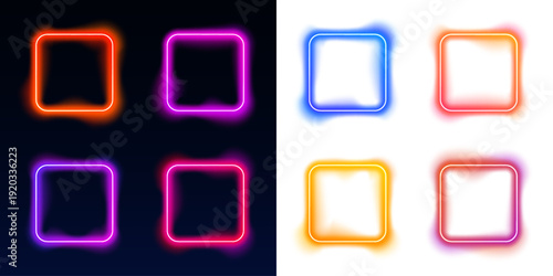 Geometric neon frames shine with vibrant gradient edges. Floating on dark surfaces, they create modern digital depth and style. Ideal for banners, posters, and UI overlays.