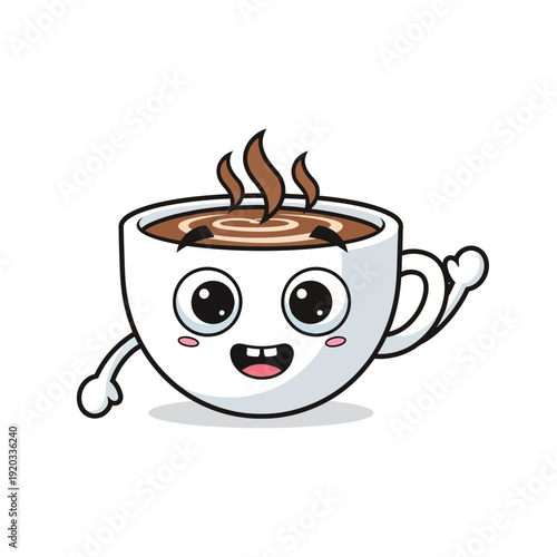 Cute coffee cup character waving hello with a happy face and steam