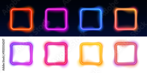 Glowing neon frames float independently with vibrant gradient edges. Dark backgrounds enhance luminous depth and futuristic aesthetics. Ideal for digital banners, posters, and UI overlays.