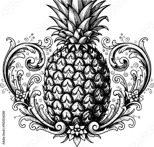 Engraved illustration of a vintage pineapple design showcasing intricate details and craftsmanship in monochrome style
