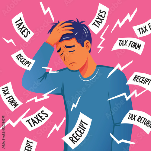 Stressed man surrounded by tax paperwork