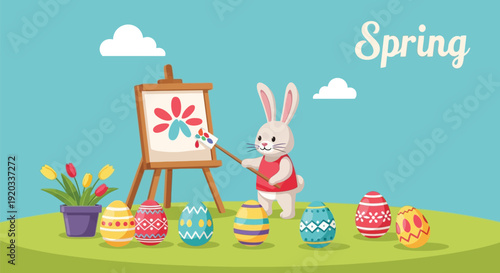 Adorable cartoon bunny character happily painting a flower design on an easel surrounded by brightly colored, decorated Easter eggs during springtime