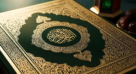 Elegant Quran with intricate gold design on green cover