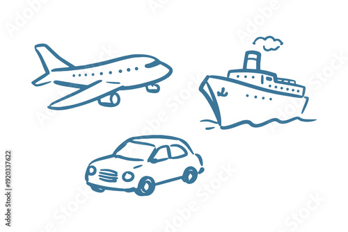 Transport plane ship car doodle sketch vector illustration