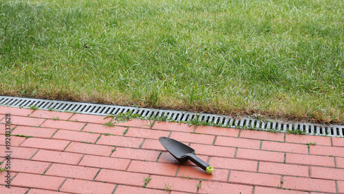 Garden hand tool lying on brick sidewalk near lawn edge, outdoor maintenance and yard work concept, home improvement detail.