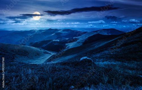 wonderful mountain landscape during summer night. stone among the grassy alpine meadow near the edge of a slope in full moon light. mysterious highland for exploration and wanderlust in dappled light