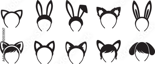 Front view of playful animal ear headbands arranged in two rows on a white surface for costume illustration