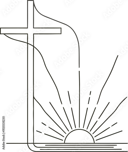 Minimalist line art depiction of a Christian cross intersecting with a stylized sunrise over a horizon symbolizing hope and resurrection