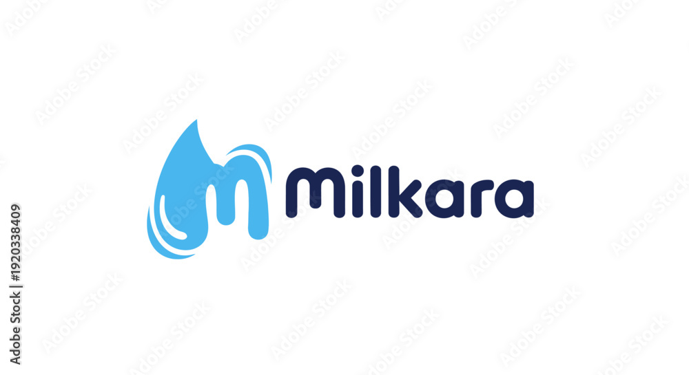 Fototapeta premium Blue stylized milk drop or splash logo, representing dairy products, milk, and liquid foods, isolated white background.