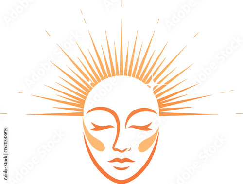 Sun Goddess Face With Orange Rays.