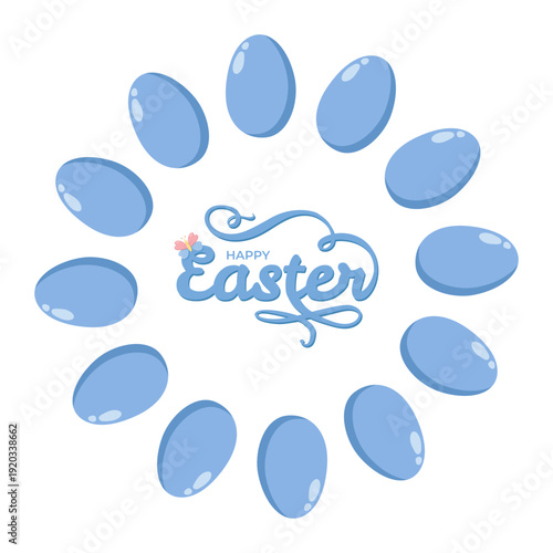 Festive Easter design with blue script HAPPY Easter surrounded by circular wreath of sixteen glossy blue eggs and a pink butterfly, cheerful seasonal illustration for holiday greetings