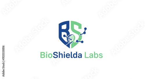 BioShielda Labs Logo with Shield and Molecular Structure Symbol for Biotechnology on Isolated White Background