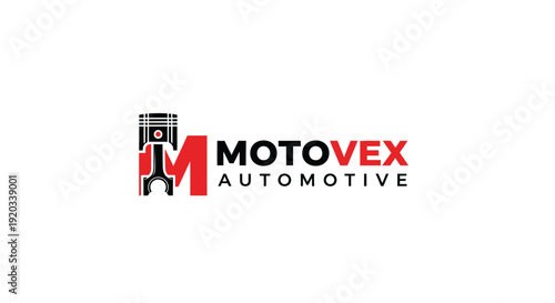 Motovex Automotive red M letter logo design with piston engine icon, representing vehicle repair and automotive services, isolated on white background.