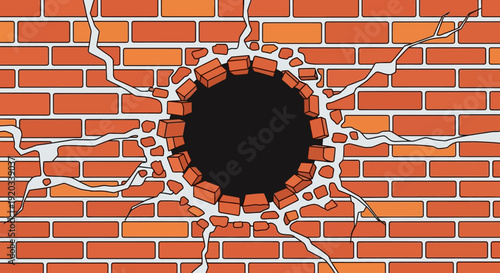 A cartoon illustration of a brick wall with a large circular hole in the center, surrounded by radiating cracks.