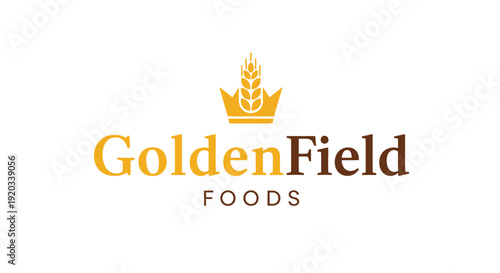Golden wheat ear logo with crown element, representing quality and abundance in food and agriculture, on an isolated white background.